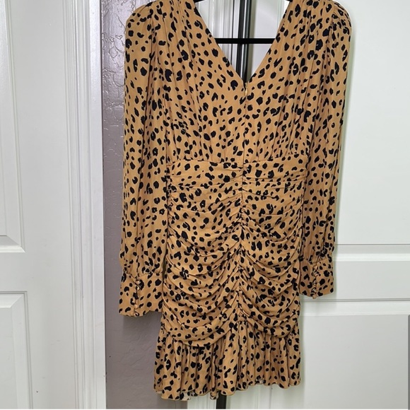 NICHOLAS Brownish/Tan Black 100%Silk Leopard Print Gathered Ruffle Frill Dress 4 - Picture 7 of 16